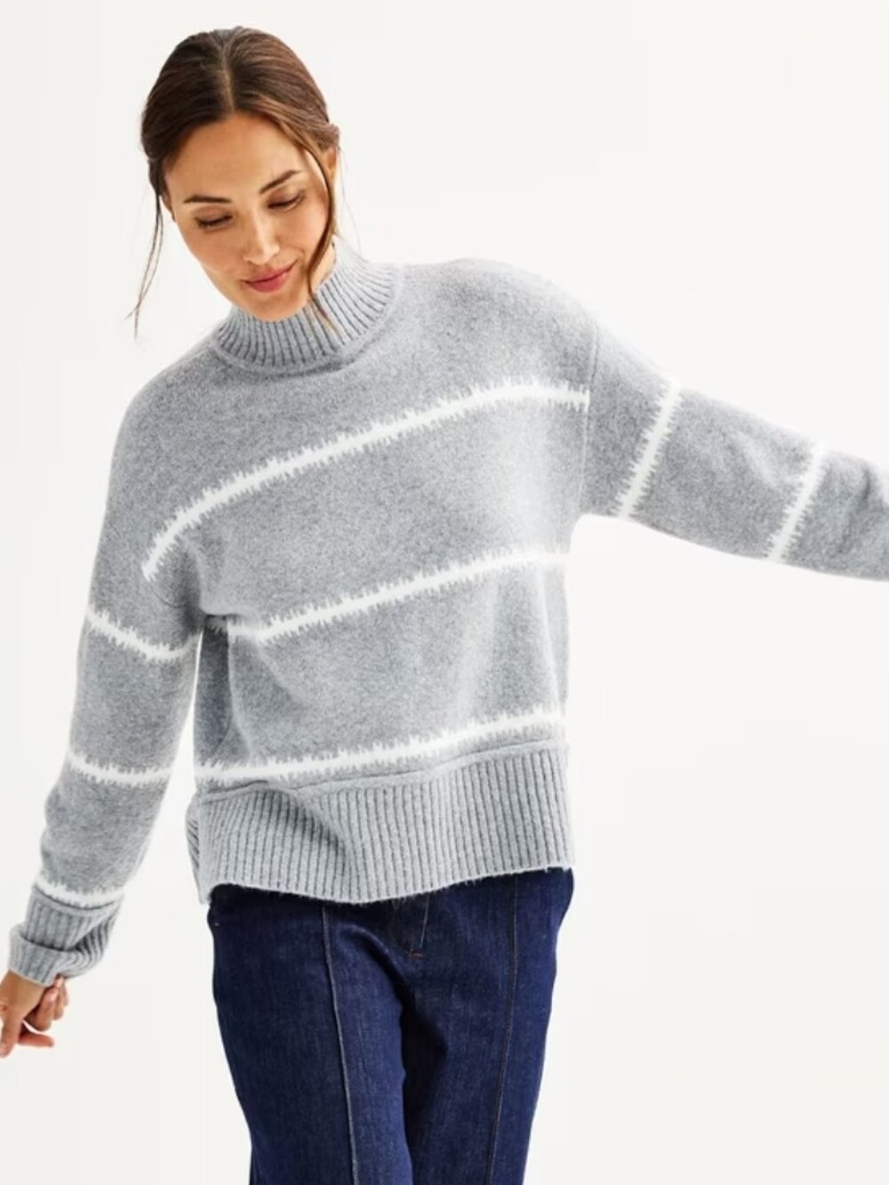 Nine West Cozy Gray Stripe Mock-Neck Sweater Size XS
